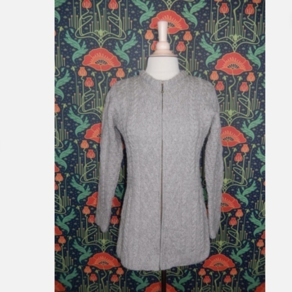 Kilronan Irish Merino Wool Aran Fisherman Cable Knit Gray Cardigan Sweater XS